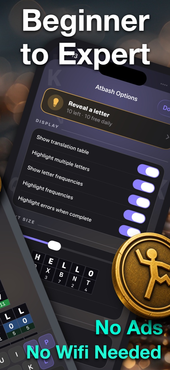 Cipher Munch options: translation table, letter frequency and highlighting toggles for beginner to expert practice