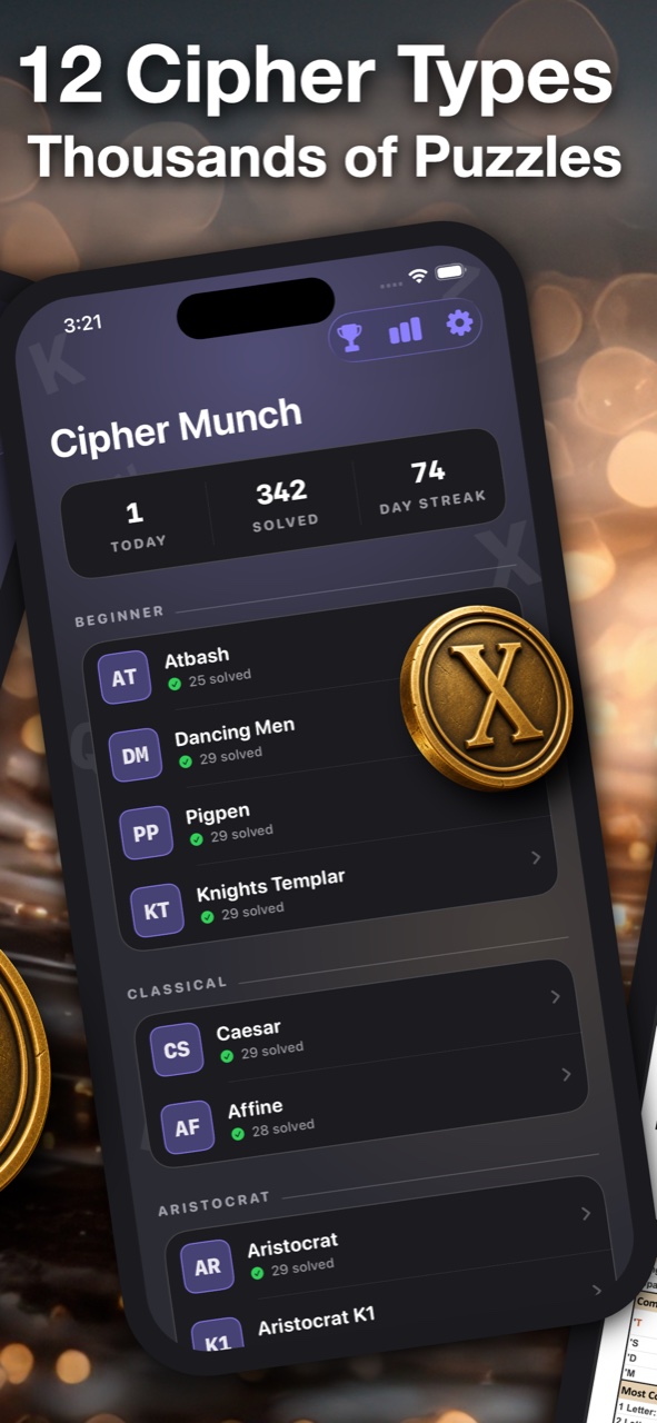 Cipher Munch menu with 12 cipher types including Aristocrat, Patristocrat, Xenocrypt, Caesar and Pigpen