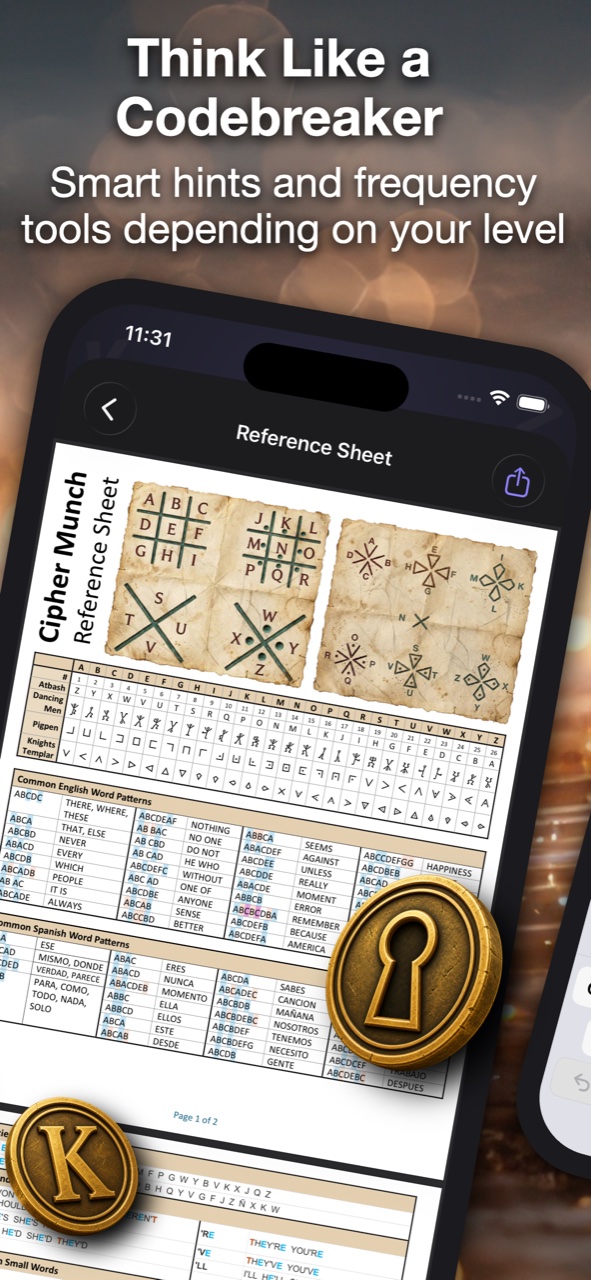 Built-in cipher reference sheet with alphabets and common word patterns